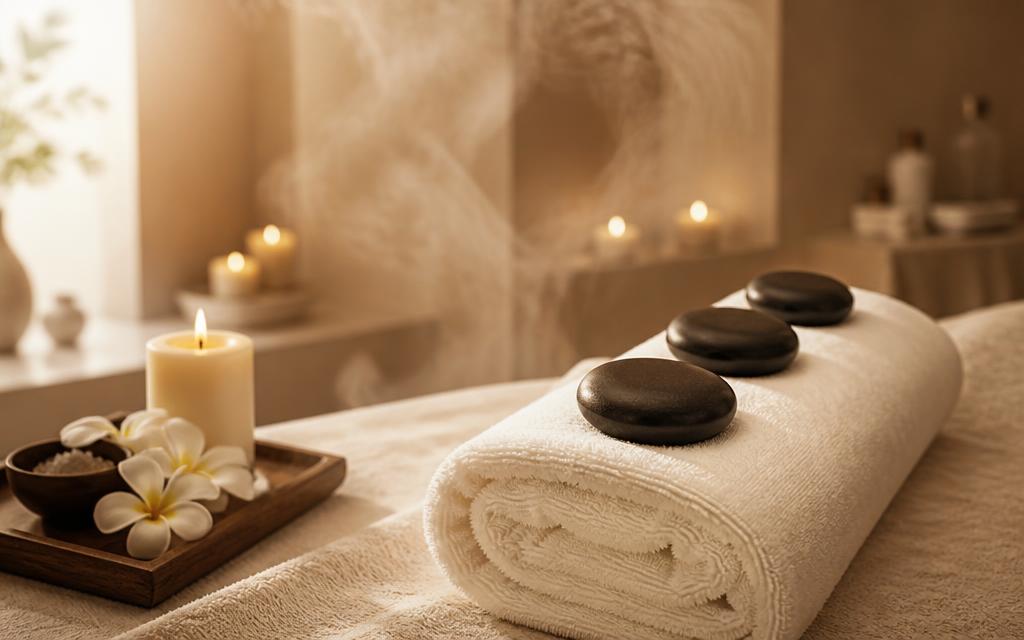 Relaxing hot stone massage setup with warm basalt stones and candles